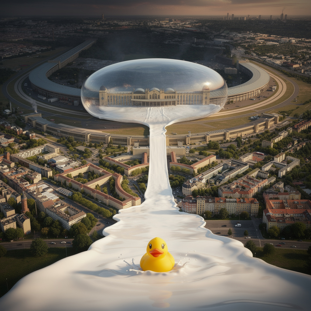 Eine surreale Zukunftsvision des Tempelhofer Feldes mit einem Milchfluss, einer die Böschung hinunterrutschenden Gummiente und einer transparenten Blasenstruktur über dem Terminal.