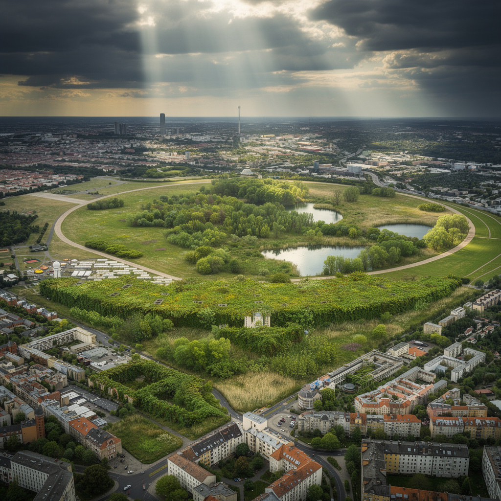 Eine ökologische Zukunftsvision des Tempelhofer Feldes als grüne Oase mit Tümpeln, ohne Boote, das Flughafengebäude von Natur zurückerobert, dramatische Beleuchtung.