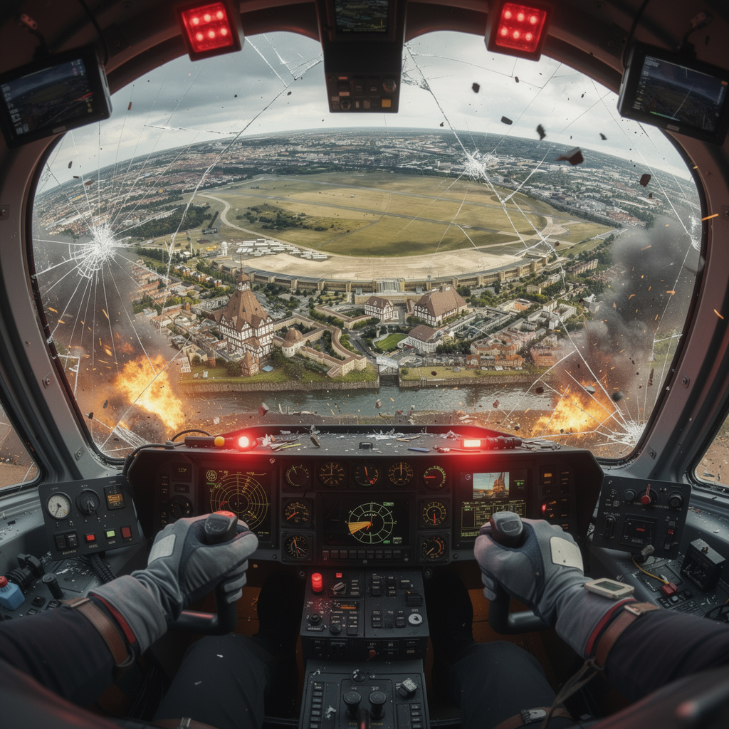 Hochimmersive Ich-Perspektive aus abstürzender Raumkapsel mit sichtbaren Händen und Cockpit-Elementen über dem transformierten Tempelhofer Feld.