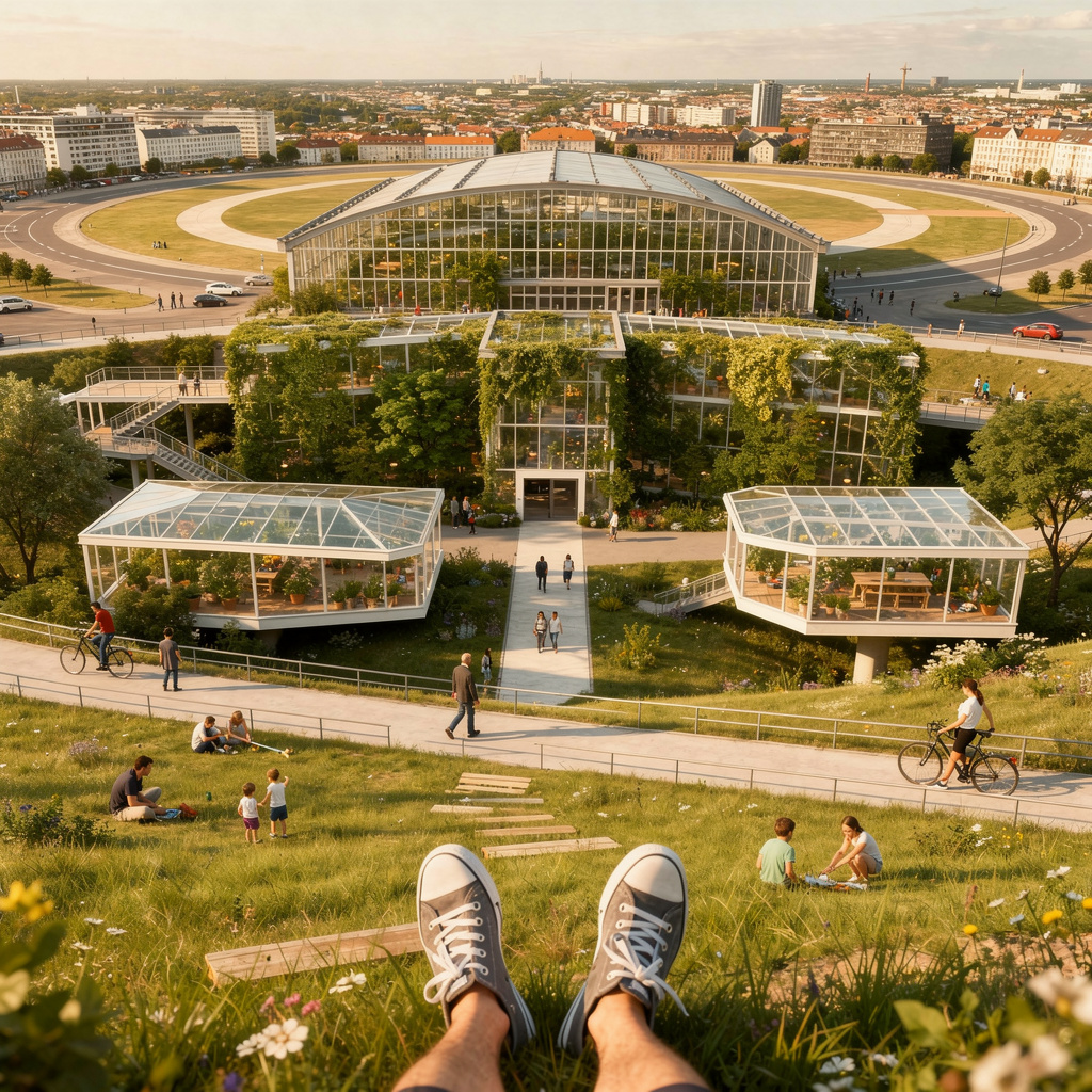 Zukunftsvision des Tempelhofer Feldes aus der Ich-Perspektive – intensiv und immersiv, als ob man selbst auf dem Feld steht, botanisches Gartenhaus, luftige Architektur, Menschen genießen den Raum