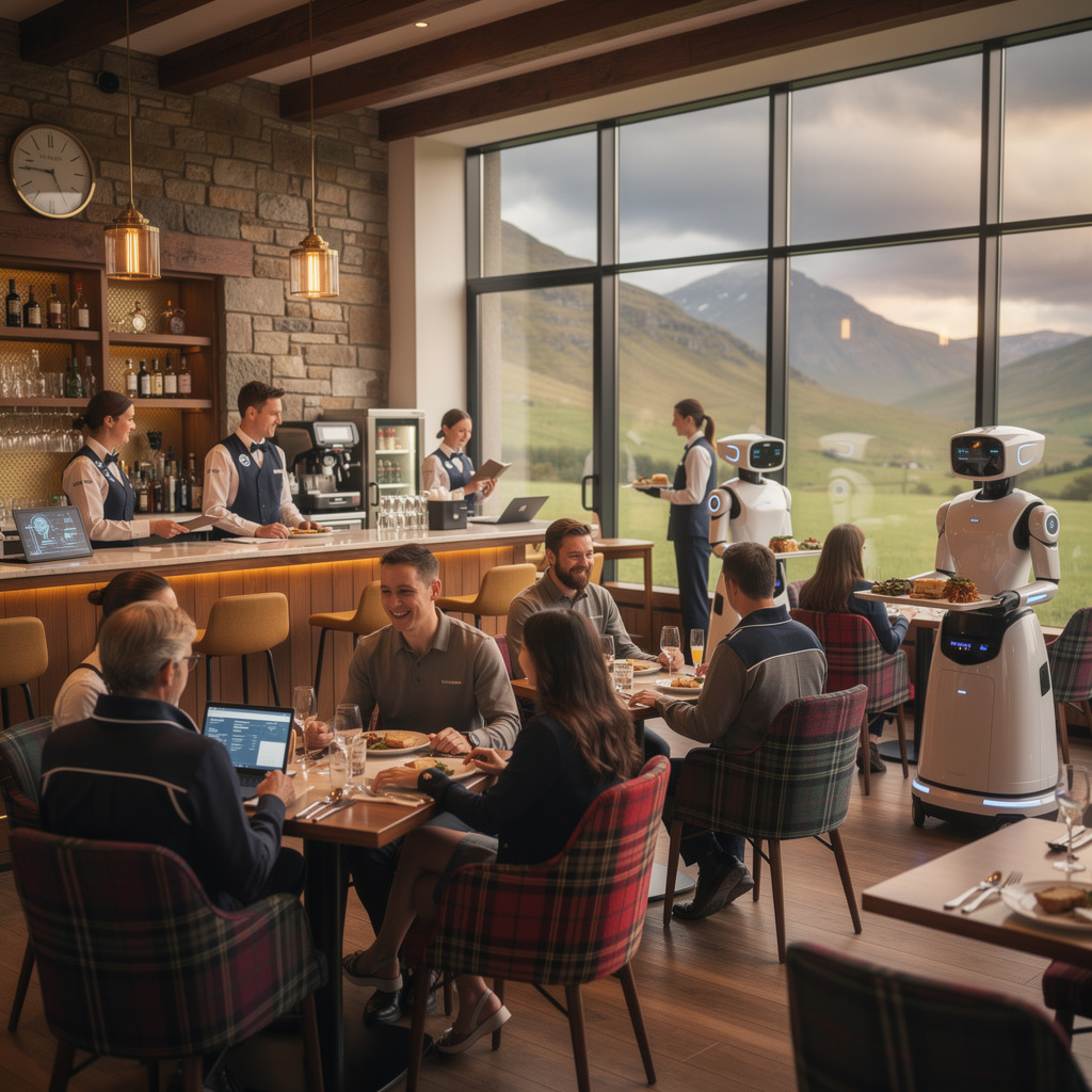 A warm hotel or restaurant in Scotland, 2040. Human staff smile and interact genuinely with relaxed guests. Sleek, unobtrusive robots assist quietly in the background. Large windows reveal a dramatic Highland landscape with rolling hills and a moody sky. The atmosphere feels joyful and fair. Staff wear union pins, their body language confident and happy. Soft lighting, a blend of traditional Scottish charm and subtle futuristic technology.