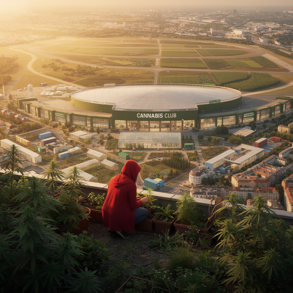Eine futuristische Vision des Tempelhofer Feldes mit Cannabisvereinen, Containerdorf auf dem Vorfeld, dem Einkaufszentrum im Flughafengebäude - Wiesenfläche und Rundweg werden von Cannabisvereinen bewirtschaftet. Mit Balkon-Perspektive und Rotkäppchen.