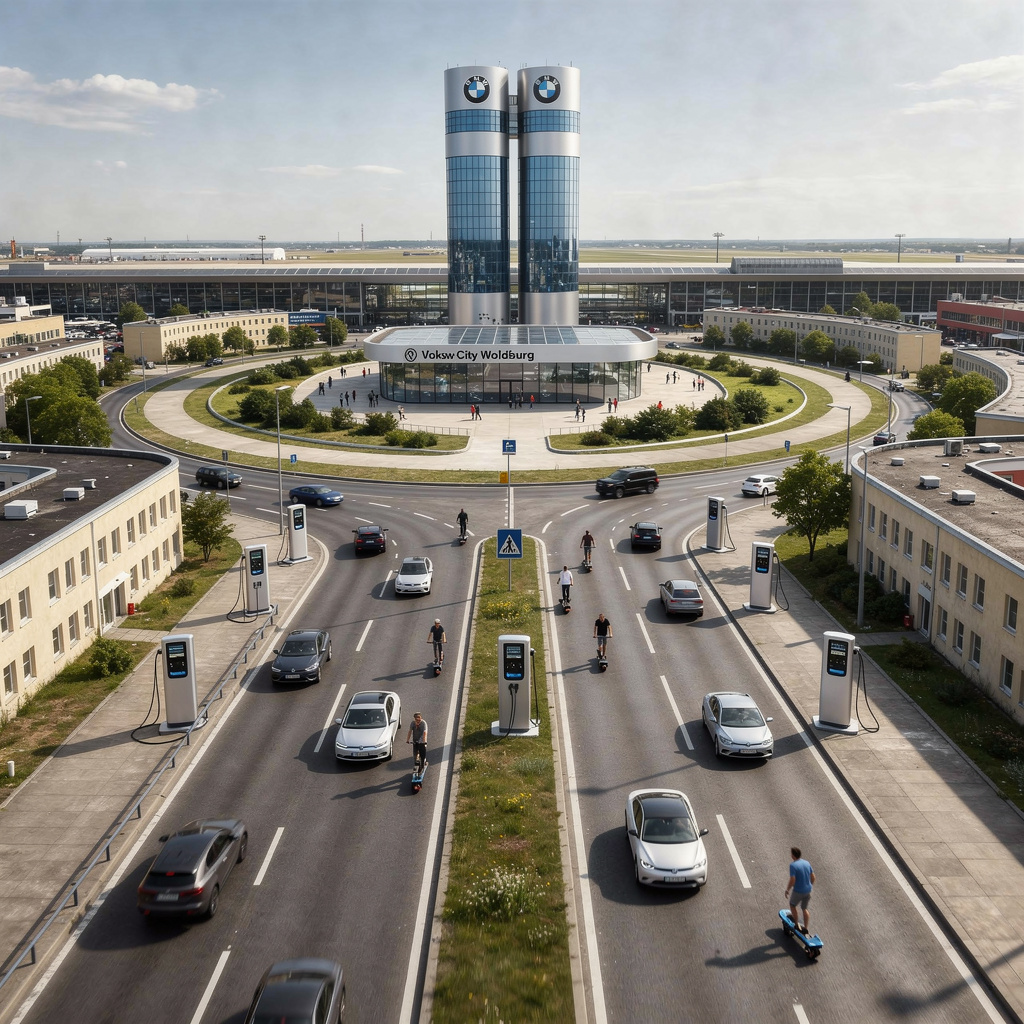 Zukunftsvision des Tempelhofer Feldes aus der Fahrer-Perspektive auf das BMW-Turm-Hauptgebäude zufahrend.