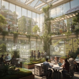 Eine solarpunk-inspirierte Vision eines öffentlichen Arbeitsplatzes im Jahr 2040: digital-futuristisch und zugleich grün und ökologisch, mit gesunden Wohnungen, sozialer Sicherheit und starker öffentlicher Infrastruktur.