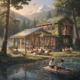 Eine solarpunk-inspirierte Vision der Arbeit im Jahr 2040: begrünte, in die Natur integrierte Gebäude zwischen Wald, Bergen und See, an denen Menschen ortsunabhängig und in fairer, gemeinschaftlicher Atmosphäre zusammenarbeiten.