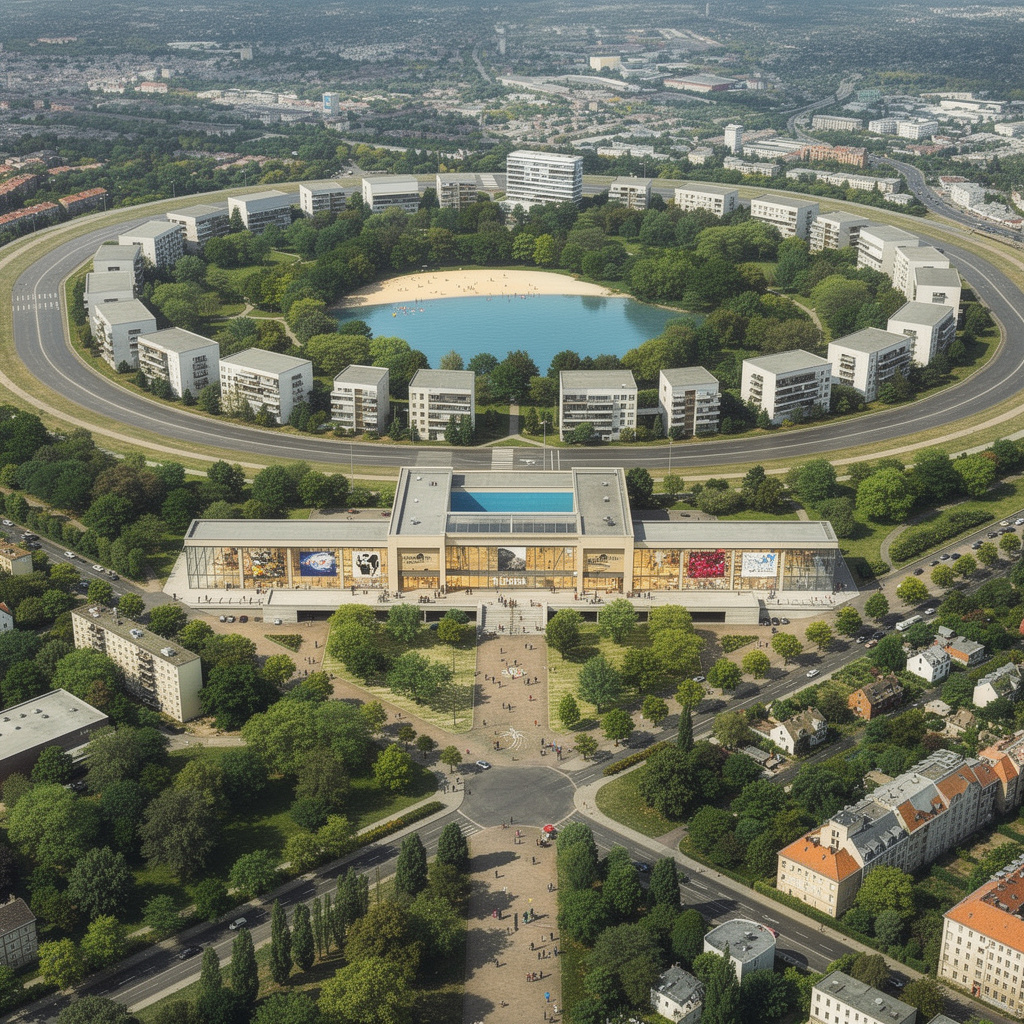 Zukunftsvision des Tempelhofer Feldes: 5-geschossige Wohnbebauung am Rand, ein kleinerer See mit Kinderstrand, mehr Bäume im Park, das Flughafengebäude mit Schwimmbad in der Haupthalle und Kulturflächen. Lebendige und friedliche Atmosphäre.