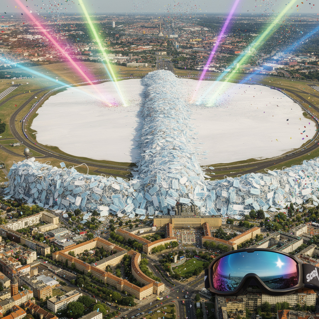 Eine surreale Zukunftsvision des Tempelhofer Feldes: Ein riesiges Brett mit Schneedüne über dem Feld, das Flughafengebäude als Ansammlung gebrauchter OP-Masken, Party-Atmosphäre mit bunter Lichtorgel, Konfetti-Regen und einer riesigen Skibrille unten rechts.
