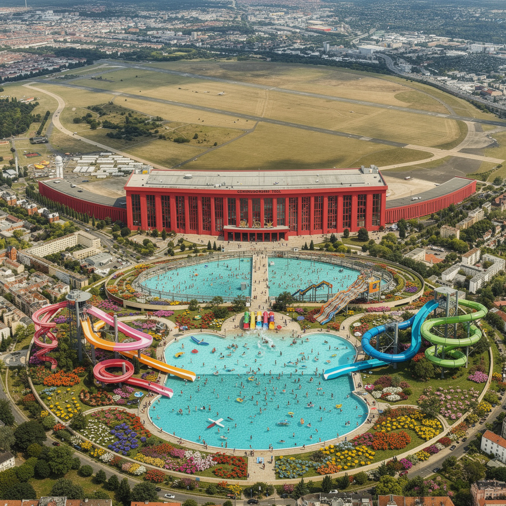 Zukunftsvision des Tempelhofer Feldes: Ein Schwimmbad mit Rutsche und bunten Blumen auf dem Feld, das historische Flughafengebäude rot angestrichen als Museum, Menschen planschen im Wasser.