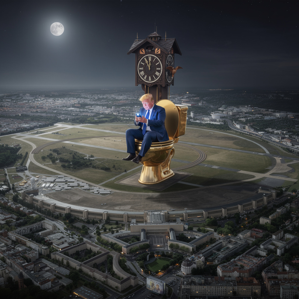 Eine surreale Nachtszene des Tempelhofer Feldes: Eine goldene Toiletten-Skulptur nach Maurizio Cattelan steht auf der Wiese, darauf ein Mann im blauen Anzug mit Smartphone. Das Flughafengebäude verwandelt sich in eine riesige Kuckucksuhr die 2 Uhr zeigt. Hyperrealistisch, nächtliche Atmosphäre mit Mond und Sternen.