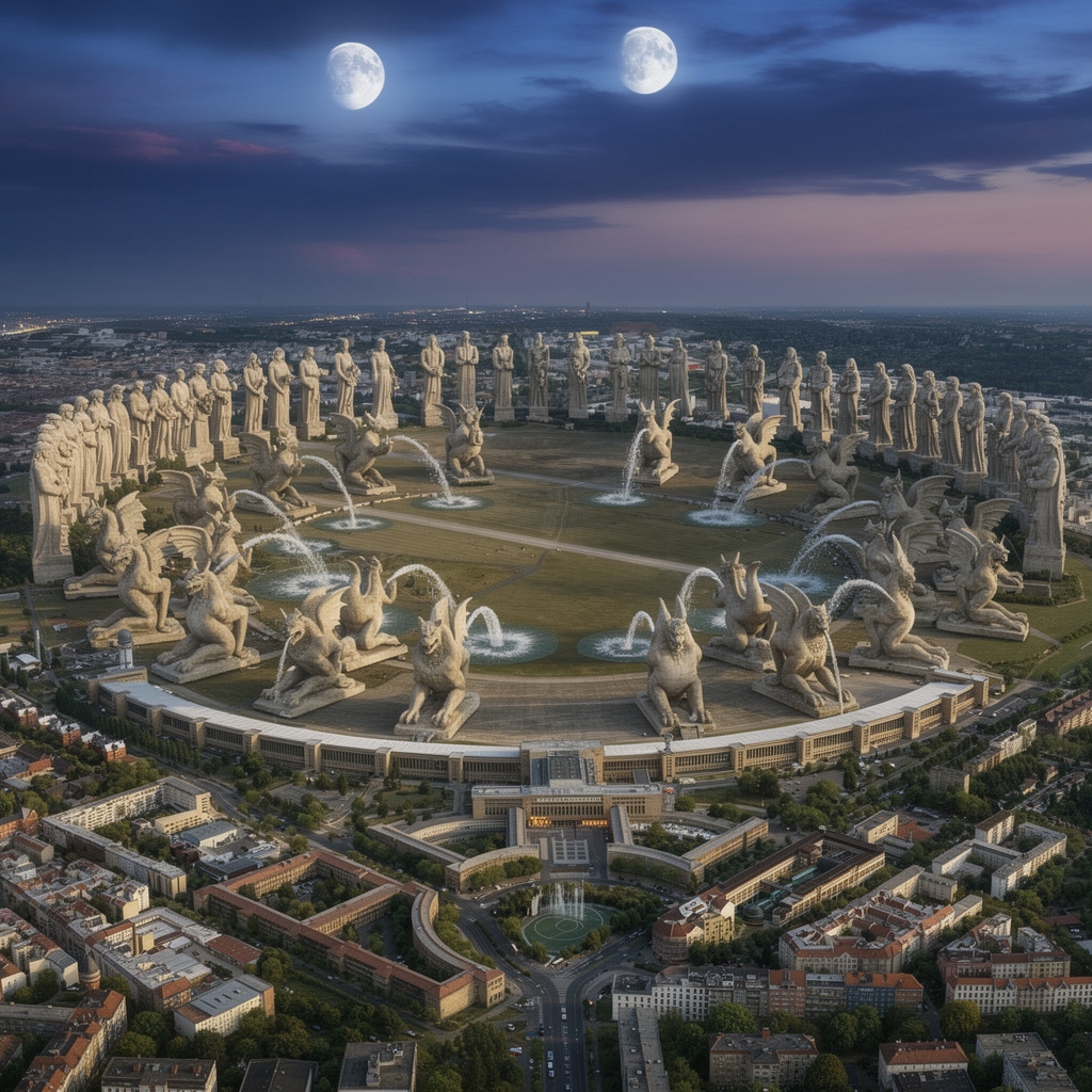 Zukunftsvision des Tempelhofer Feldes mit großen Statuen am Feldrand, Wasserspeiern auf dem zentralen Feld und einem Himmel mit zwei Monden.