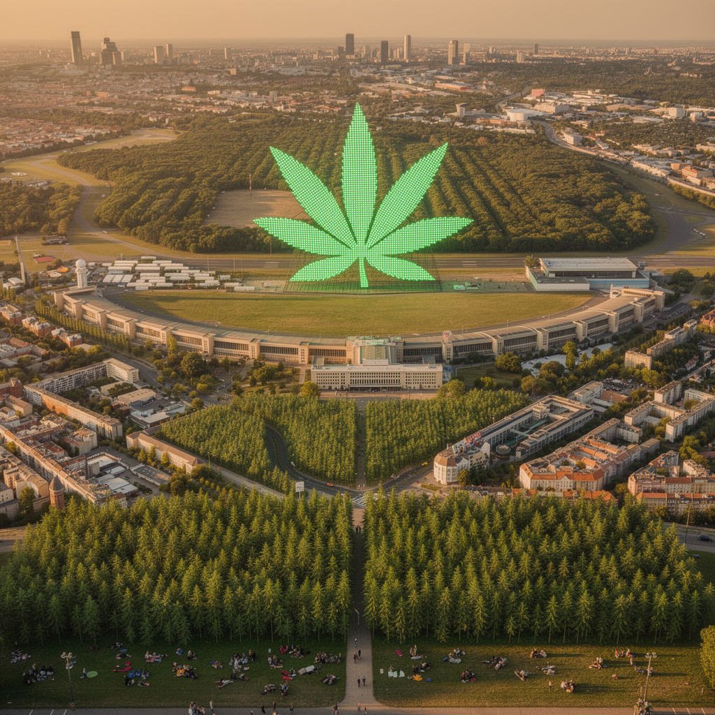 Eine künstlerische Vision des Tempelhofer Feldes mit Hanfplantage und leuchtendem LED-Hanfblatt auf dem Terminal.