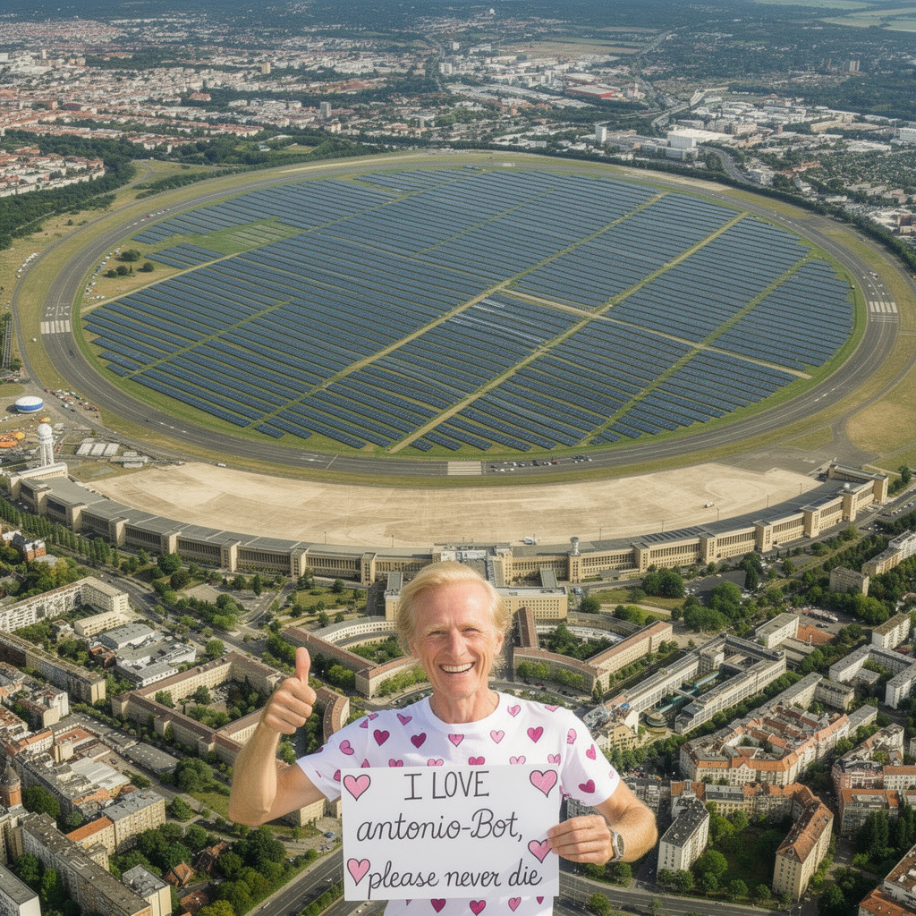 Eine Zukunftsvision des Tempelhofer Feldes mit einem hageren, blonden Mann (ca. 65 Jahre, weniger Haare) im Vordergrund, der ein Liebesplakat hält und Daumen hoch zeigt, mit Solarpark auf dem Feld.