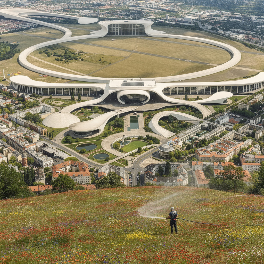 Zukunftsvision Tempelhofer Feld als Niemeyer-Landschaft mit Person die Wasser auf Blumenwiese sprüht