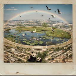 Visionäres Zukunftsbild des Tempelhofer Feldes: Das Flughafengebäude im Stil des Lincoln Memorial mit klassischer Säulenarchitektur, das Feld verwandelt in einen sumpfigen Reflecting Pool mit Seerosen, Fröschen, Libellen, Störchen, Reihern, kanadischen Wildgänsen und Pandabären. Regenbogen am blauen Himmel. Stil eines abgelaufenen Polaroids.