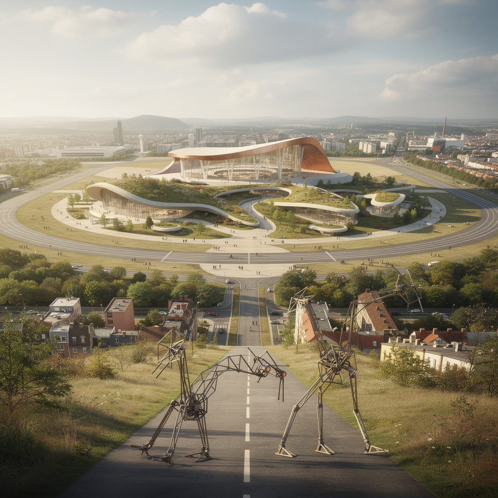 Zukunftsvision des Tempelhofer Feldes mit Theo Jansen Strandbeests im Vordergrund, natürlicher Neom-Architektur auf der Wiese und dem Terminal als National-Bibliothek mit Kupferakzenten.