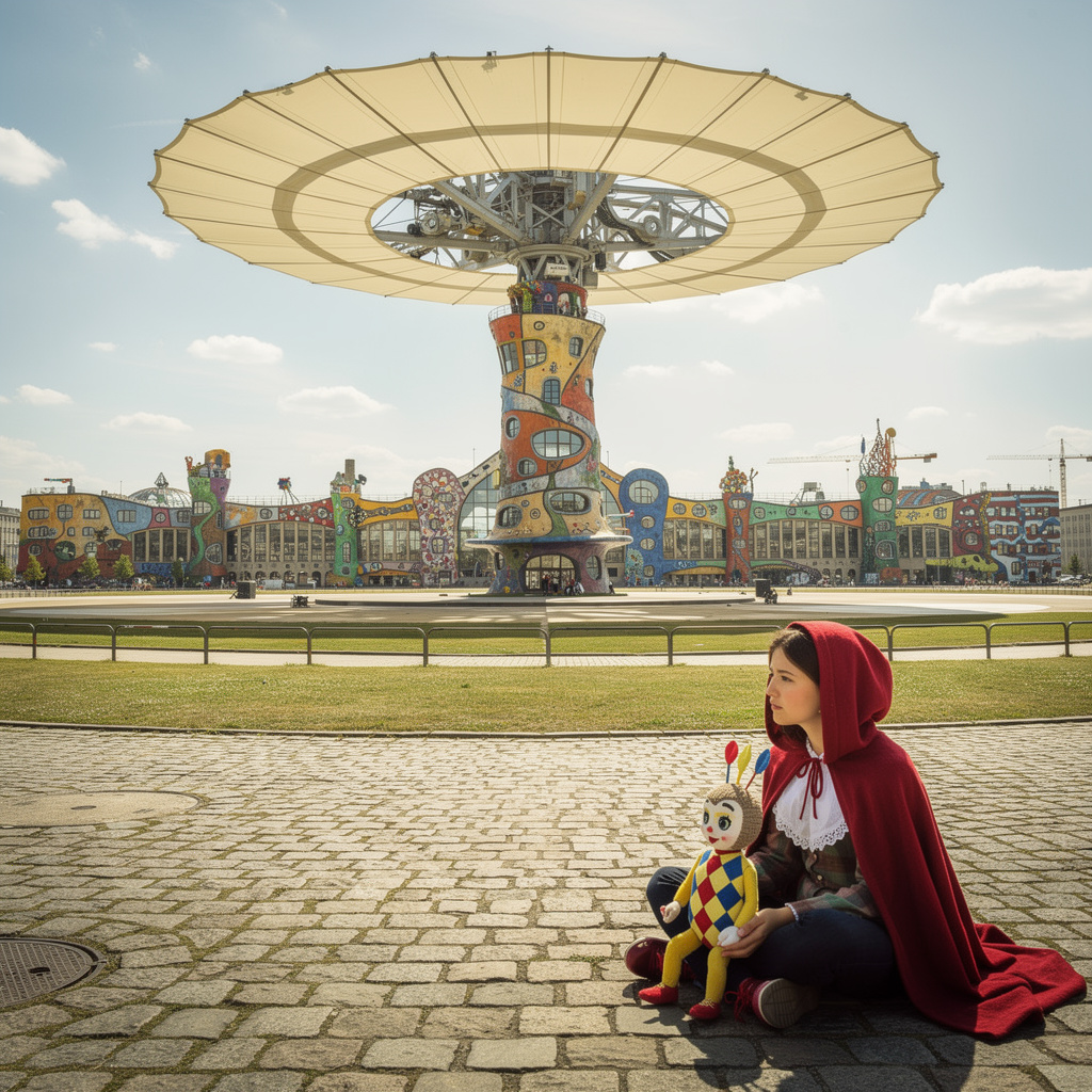 Zukunftsvision des Tempelhofer Feldes mit Hundertwasserturm, Himmelsschirm und Rotkäppchen mit Harlekin im Vordergrund.