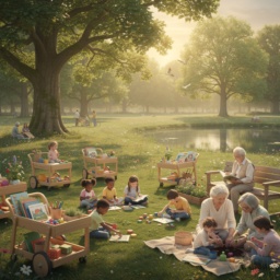 Vision eines Kindergartens im Jahr 2040: Kinder und ältere Menschen verbringen gemeinsam Zeit in einem Park, mit kleinen Wägen voller Spielmaterialien statt eines festen Gebäudes.