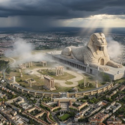 Das Tempelhofer Feld als mystisches Orakel von Delphi mit antiken Tempelruinen und einer gewaltigen Sphinx, die das Flughafengebäude ersetzt. Ein gewittriger Morgenhimmel schafft eine spannungsgeladene, geheimnisvolle Atmosphäre.