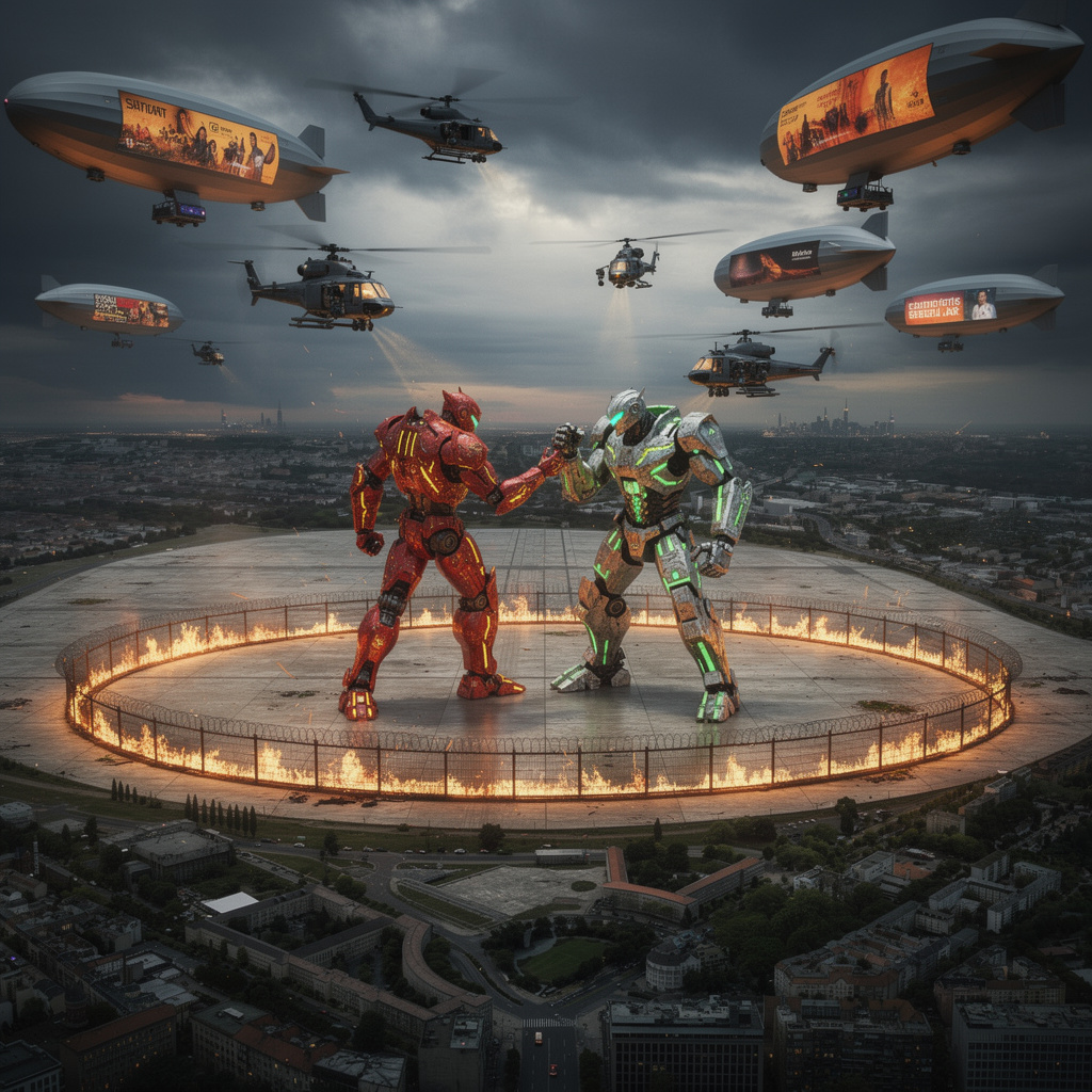 Eine dystopische Zukunftsvision des Tempelhofer Feldes: zubetoniert, umringt von Stacheldraht und Feuerring, zwei gigantische Kampfroboter im Duell, Zuschauer auf Luftschiffen am Himmel.