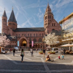 Der Mainzer Dom im Frühling 2045: unverändert prachtvoll, offen für alle Menschen – mit lebendigem Theater und neuem Gutenbergmuseum als Orten für Kultur und Wissenschaft.