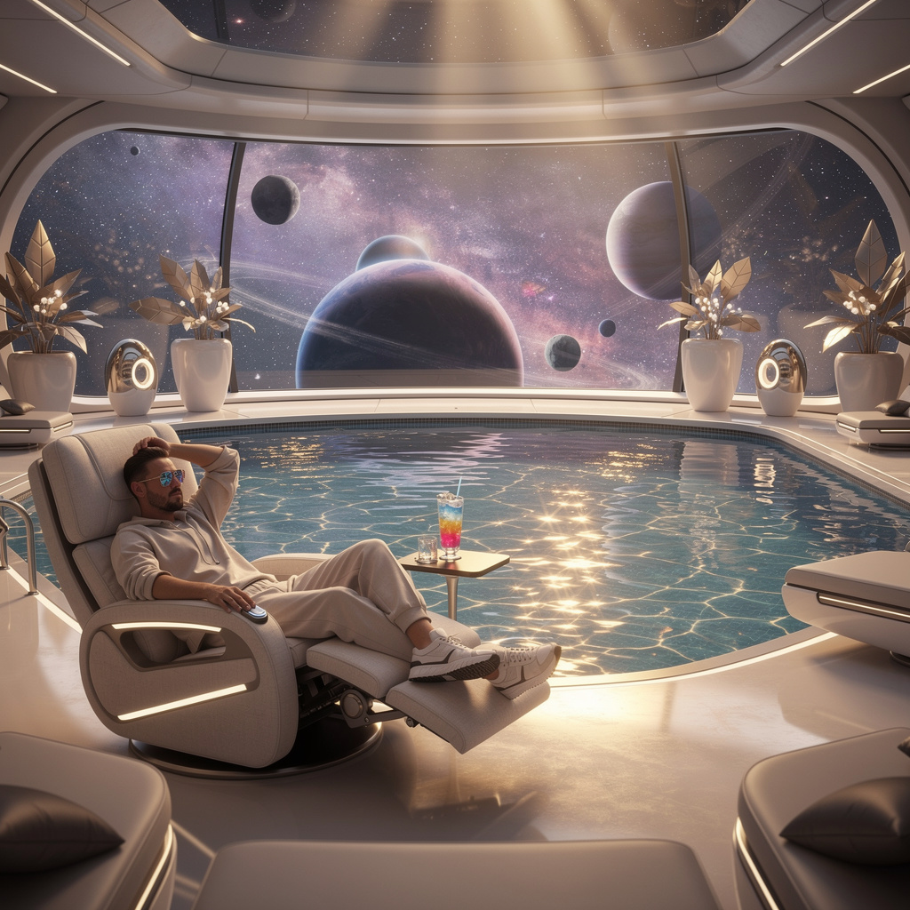 Visualisierung einer Zukunftsvision 2040: Eine Person entspannt in einem elektrischen Liegestuhl an einem Pool auf einem intergalaktischen Raumschiff, während automatisierte Technologie die Arbeit übernommen hat.