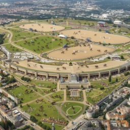 Eine lebendige Zukunftsvision des Tempelhofer Feldes als riesiger Reiterhof mit vielen Sandflächen, Weiden für Pferde, Reitturnier und dem Flughafengebäude als Pferdestall.