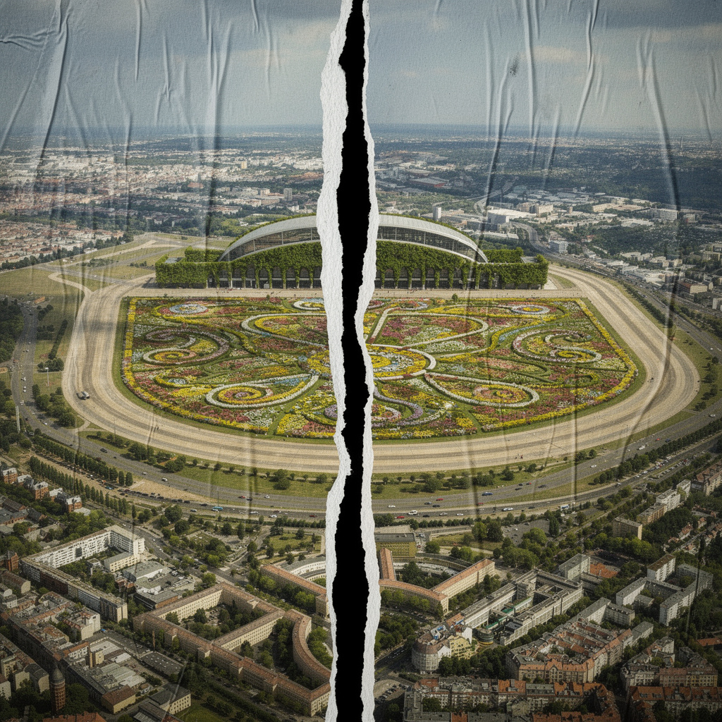 Vision des Tempelhofer Feldes als zerstörtes Poster mit Kettensäge-Schnitt von oben nach unten, Blumenbeete und begrüntes Flughafengebäude dahinter sichtbar