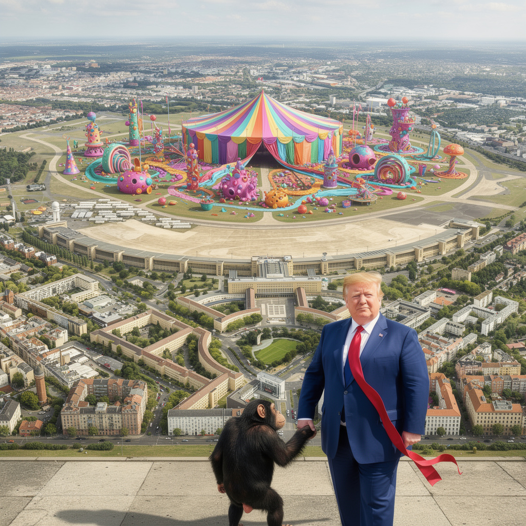 Buntes Takka-Tukka-Fantasyland auf dem Tempelhofer Feld mit farbenfrohem Zirkuszelt im Flughafengebäude. Im Vordergrund führt ein schwererer, älterer Mann ohne Bart mit rotblondem bis erdbeerfarbenem Haar einen Schimpansen zum Zirkus.