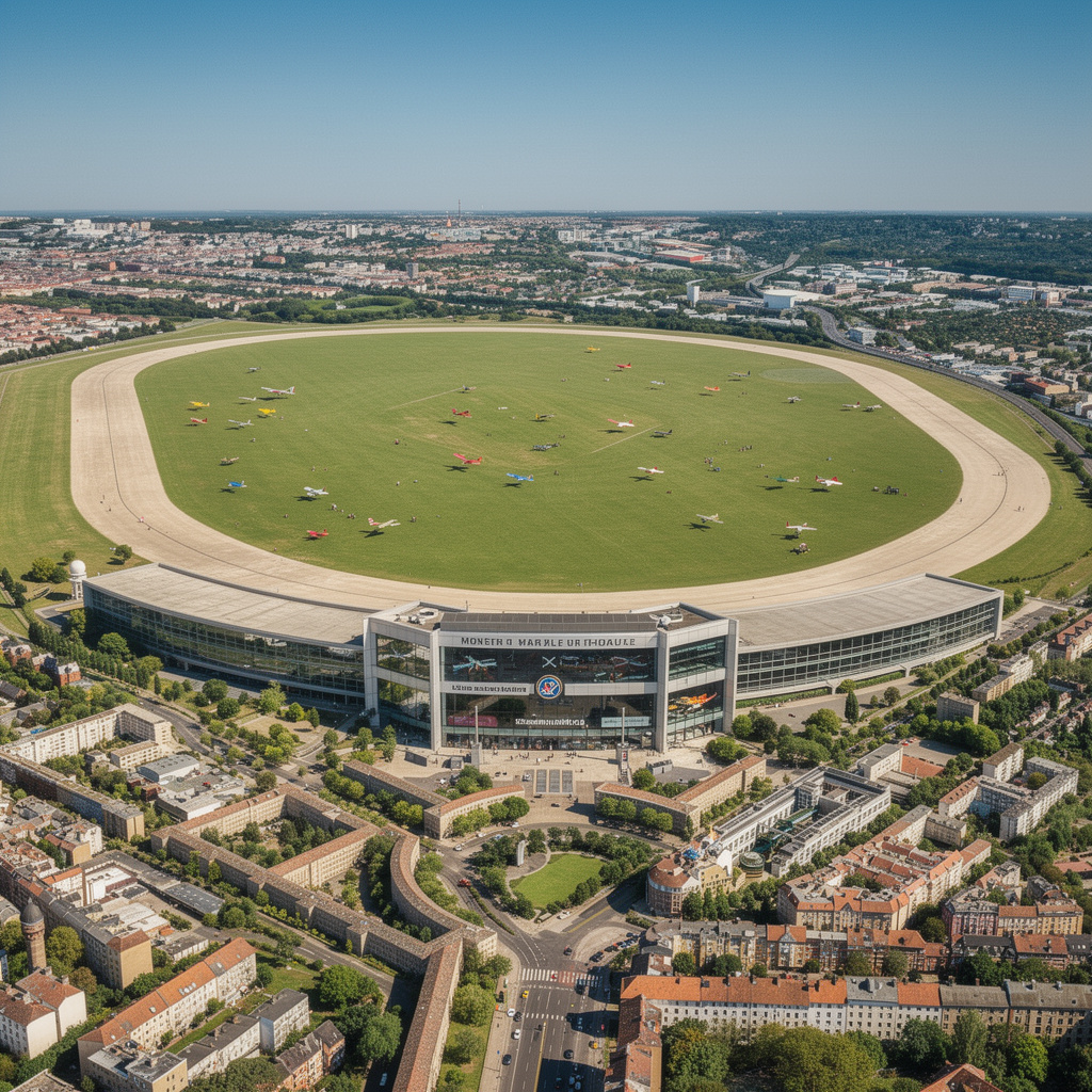 Zukunftsvision des Tempelhofer Feldes mit gepflegten Wiesen für Modellflugzeuge, einem modernen Glashaus als Modellflug-Shop und Verein im Flughafengebäude, und Menschen beim RC-Fliegen.