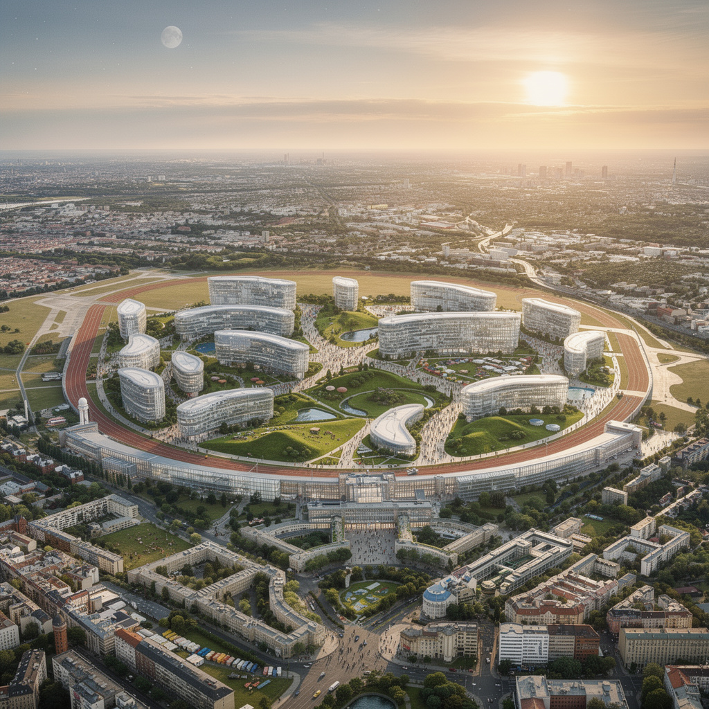 Eine intensivierte Zukunftsvision des Tempelhofer Feldes ohne Containerdorf, mit dichterer Bebauung, moderner BMW-Architektur, transparentem Flughafengebäude, Wasserflächen und photorealistischer Darstellung.