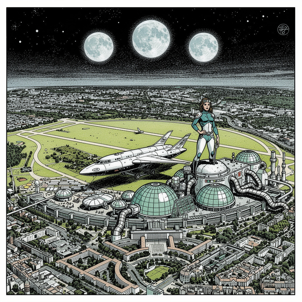 Eine Space-Opera-Vision des Tempelhofer Feldes im Stil von Jean-Claude Forest mit Barbarella, Raumschiff und Mondstation.