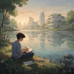 Ein entspannter Mensch arbeitet im Jahr 2040 ohne Maschinen an einem ruhigen Fluss, im Hintergrund ist eine Stadt zu sehen – eine Vision von Glück und Naturverbundenheit in der Arbeitswelt der Zukunft.