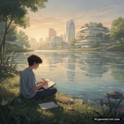 Ein entspannter Mensch arbeitet im Jahr 2040 ohne Maschinen an einem ruhigen Fluss, im Hintergrund ist eine Stadt zu sehen – eine Vision von Glück und Naturverbundenheit in der Arbeitswelt der Zukunft.