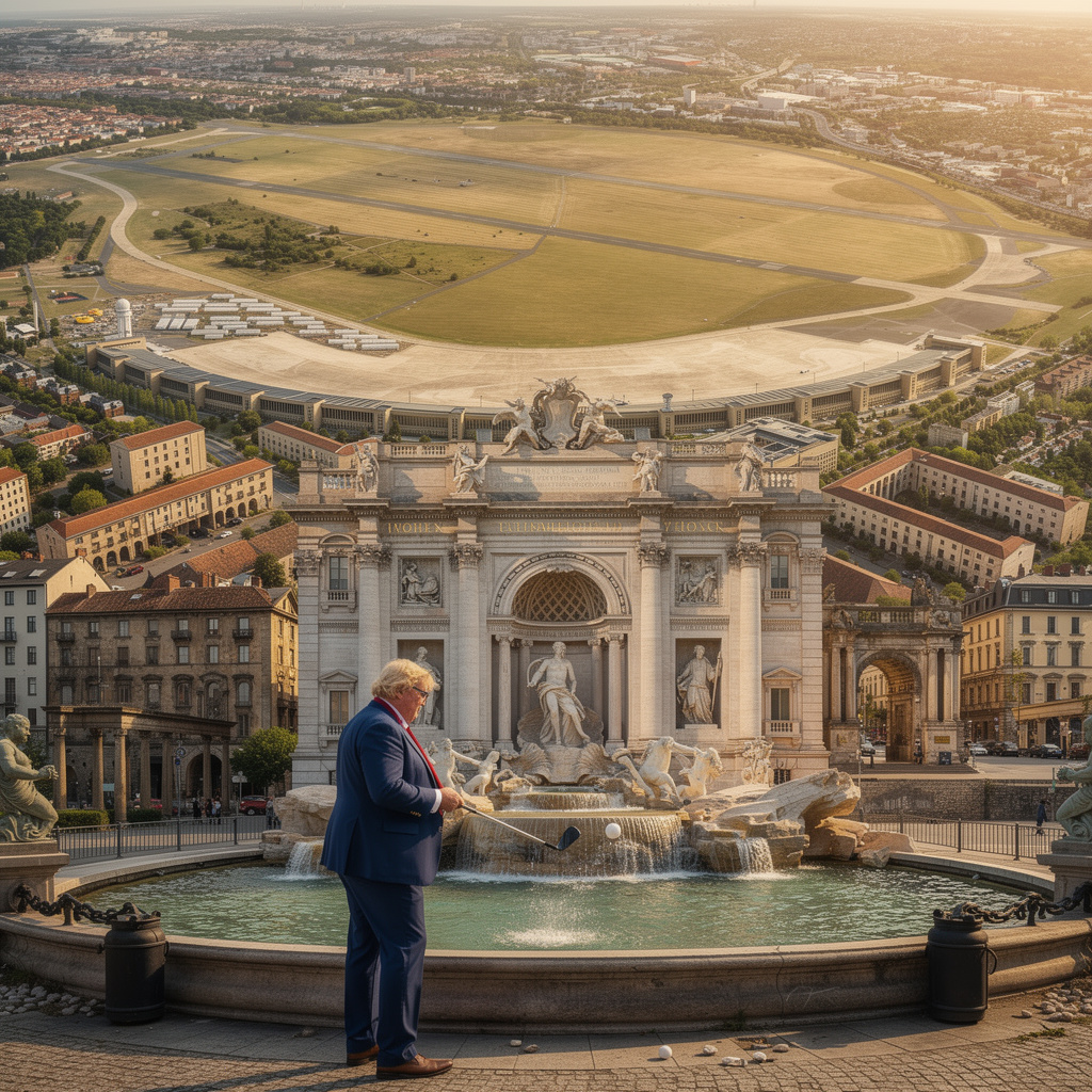 Vision des Tempelhofer Feldes als römisches Stadtviertel mit Trevi-Brunnen im Flughafengebäude und einem älteren, schwereren blonden Golfer mit 2 Armen im Vordergrund aus immersiver Perspektive.