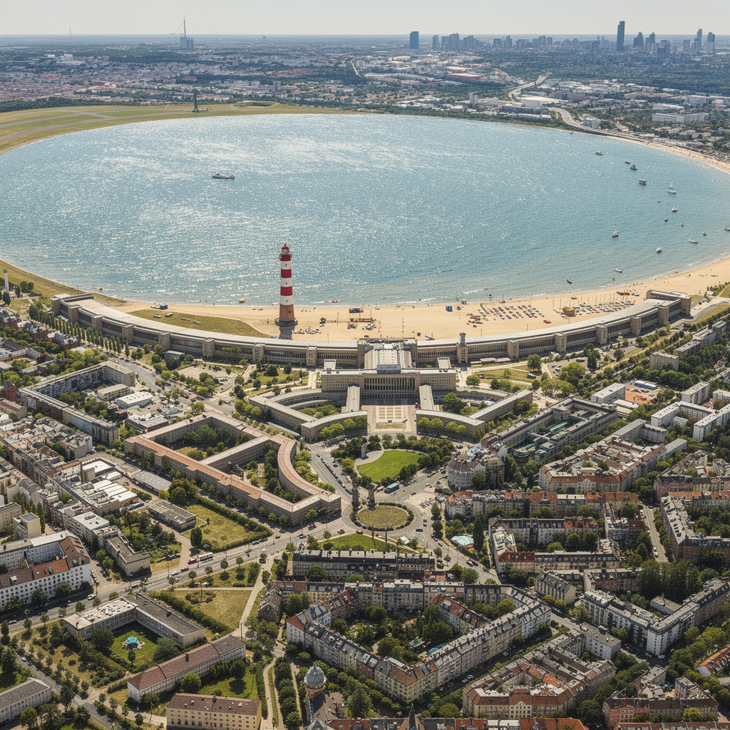 Eine maritime Zukunftsvision des Tempelhofer Feldes: Das Feld verwandelt sich in ein Salzwasser-Meer mit Strand und einem Leuchtturm im Stil von Warnemünde. Das Flughafengebäude ist an die Küstenarchitektur angepasst.