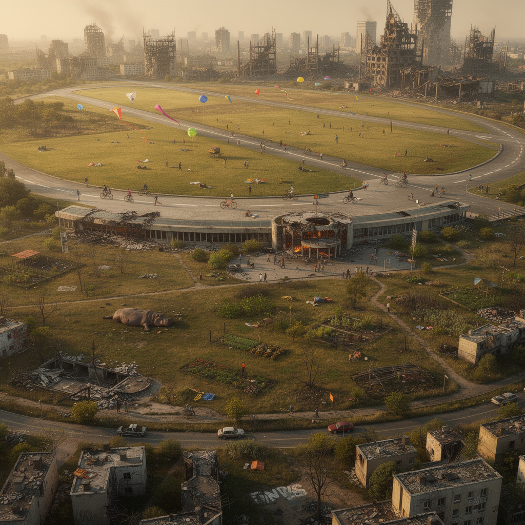 Postapokalyptische Vision: Das Tempelhofer Feld als offene Wiesen-Oase inmitten zerstörter Stadt, Menschen beim Drachensteigen, abgebranntes Flughafengebäude außerhalb des Feldes am Rand, totes Nilpferd davor, warmes Spätsommerlicht.
