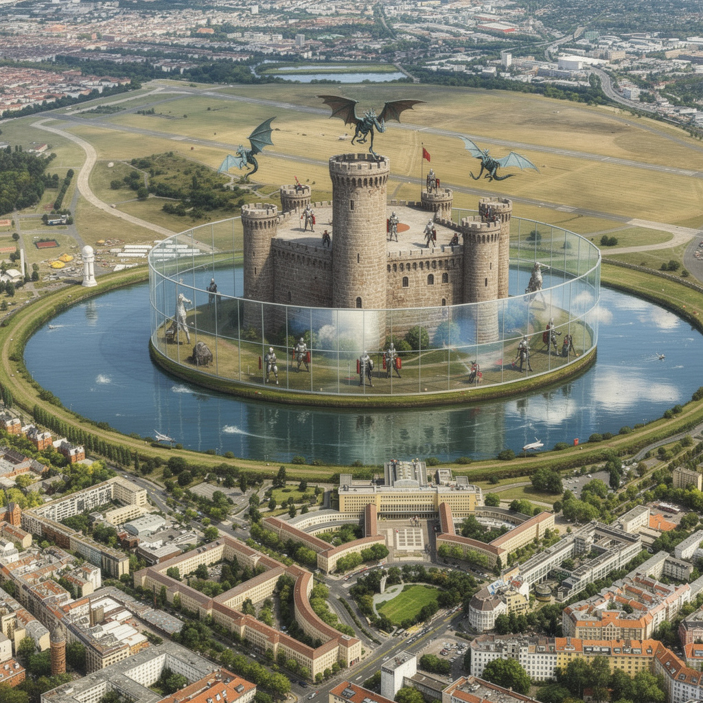 Zukunftsvision des Tempelhofer Feldes: gläsernes Flughafengebäude, ein Wassergraben wie ein Burggraben um das Feld, und in der Mitte die Burg Tempelhof, bewacht von Rittern und Drachen.