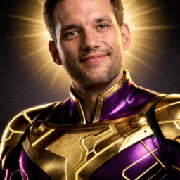 Heldenporträt zum Thema Macht/Gestaltungskraft: goldene und violette Farben, kommandierende Präsenz, symbolisiert die menschliche Fähigkeit, die Zukunft aktiv zu gestalten.