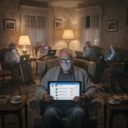 Ein 65-jähriger Mann sitzt 2040 in einem Altenheim-Wohnzimmer, gebannt und süchtig vor einem Bildschirm mit Social-Media-Feed, umgeben von anderen ebenso isolierten, bildschirmversunkenen Senioren – eine bittersüße Vision der Zukunft der Arbeit und des digitalen Lebens.
