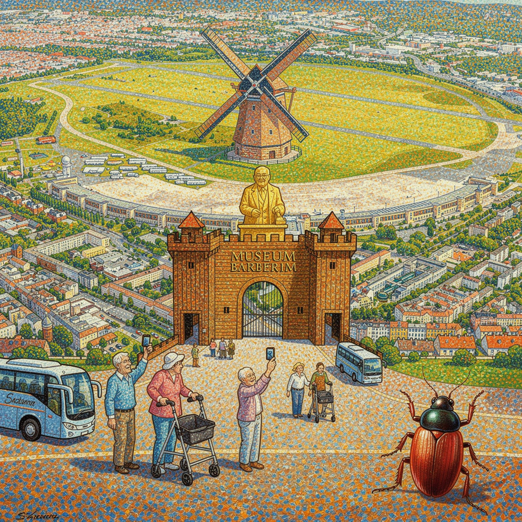 Vision des Tempelhofer Felds mit Bockwindmühle, hölzernem Fort im Signac-Stil, Rentnern beim Selfie-Machen und einem Mehlkäfer