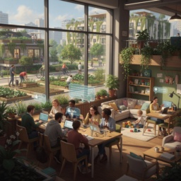 Utopische Vision für 2040: eine grüne Stadt mit integrierten Parks und Landwirtschaft, in der Menschen kooperativ und ruhig arbeiten, mit Kinderbetreuung vor Ort und Technik, die Sprachbarrieren überwindet.