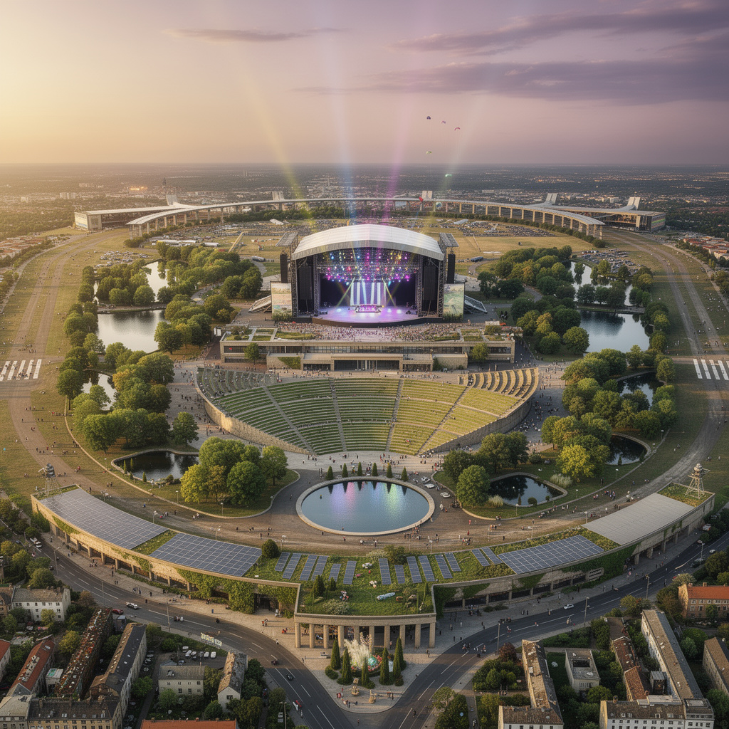 Eine Vision des Tempelhofer Feldes bei sommerlicher Abenddämmerung: Eine große Konzertbühne im Amphitheater-Stil auf der Wiesenfläche, umgeben von Parks, Wäldern und Seen. Das Rollfeld bleibt offen für Sport und Drachensteigen. Das historische Flughafengebäude mit begrüntem Dach, Solarpanelen und Gartenanlagen. Ein Konzert mit Lichtshow erhellt den Himmel, entspannte Menschen genießen die Atmosphäre.