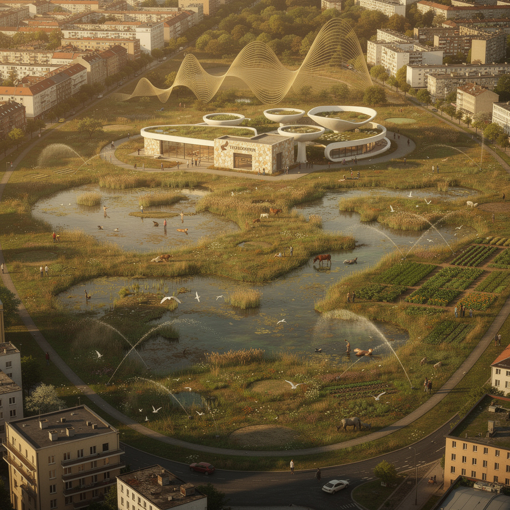 Eine Zukunftsvision des Tempelhofer Feldes mit Sumpflandschaft, Kneippzentrum, bewachsenen Rollwegen und Wohnhäusern im Niemeyer-Stil