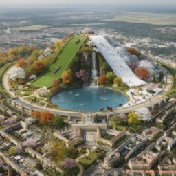Visionäre Zukunft des Tempelhofer Feldes: Ein 60m hoher Berg mit Rodelbahnen, Wasserfall und Badesee in der Mitte, das Flughafengebäude mit begrüntem Dach und Bauernhoftieren, alle vier Jahreszeiten gleichzeitig sichtbar.