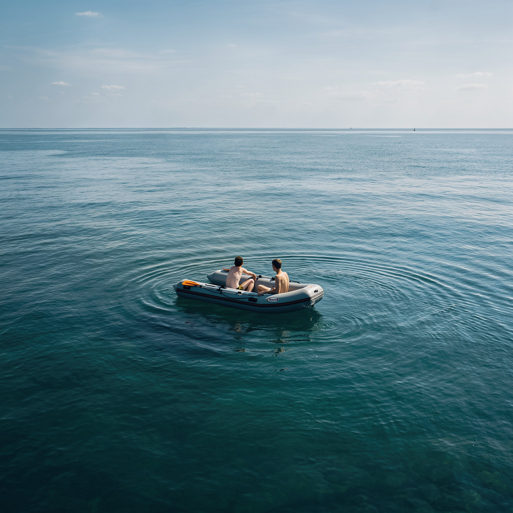 Eine surreale Zukunftsvision des Tempelhofer Feldes als endlose Wasserlandschaft mit Schlauchboot und zwei jungen Männern unter sonnigem Himmel.