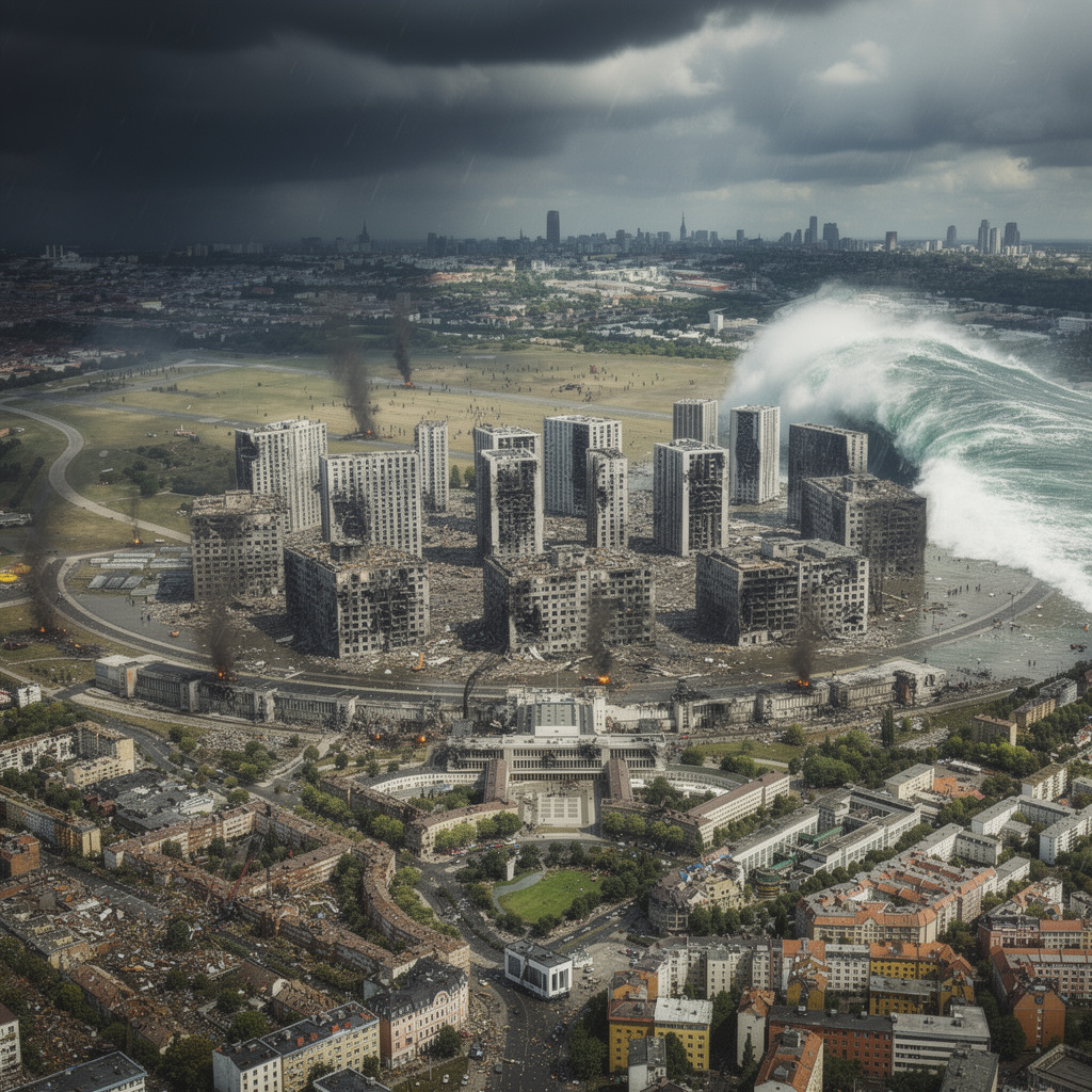 Dystopische Zukunftsvision des Tempelhofer Feldes mit riesiger Flutwelle von rechts, Überschwemmung und beschädigten Gebäuden