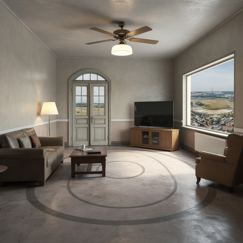 Das Tempelhofer Feld als riesiges gemütliches Wohnzimmer aus der Ich-Perspektive, mit einem einzelnen Fenster an der Seitenwand und Sofa an der Rückwand.