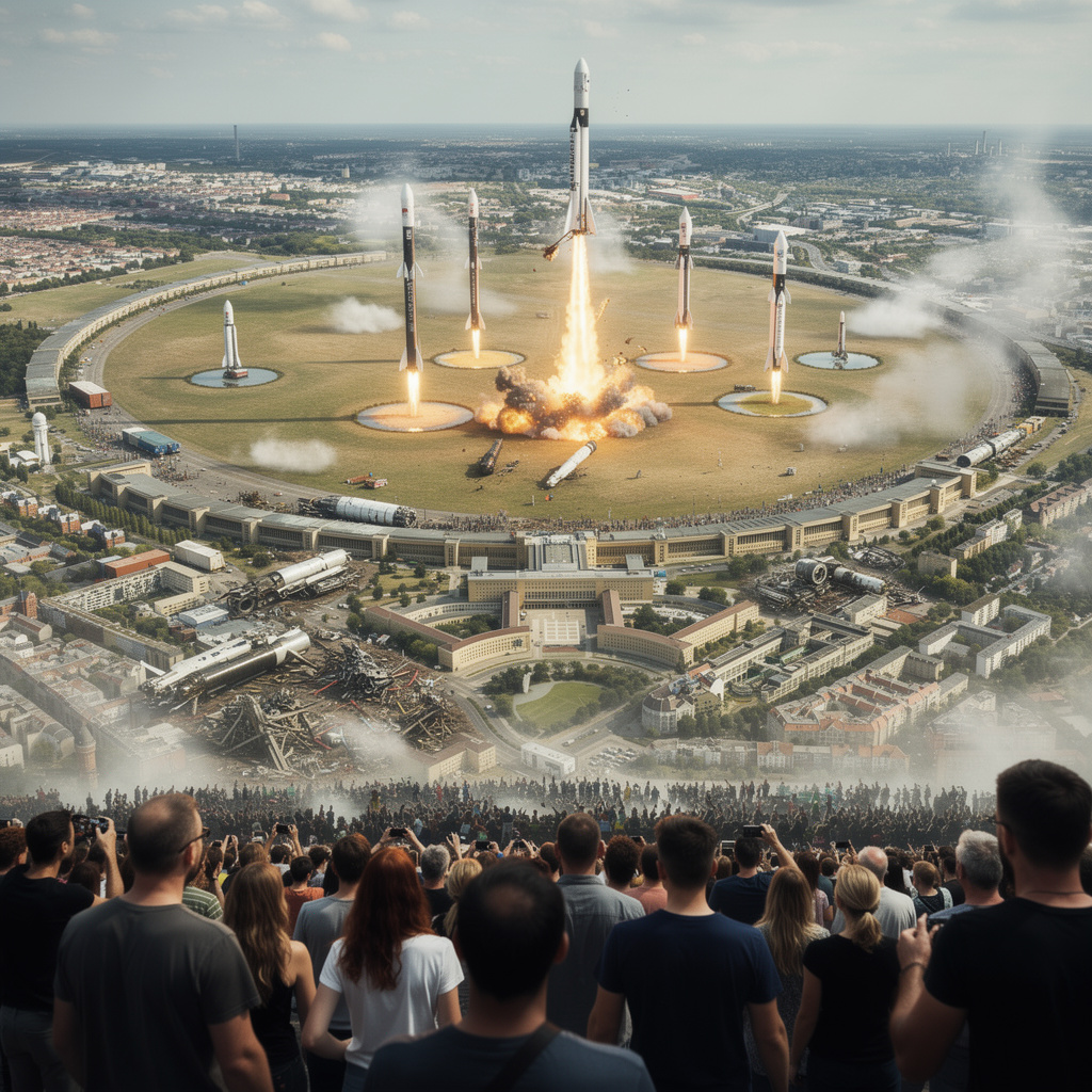 Dramatische Zukunftsvision des Tempelhofer Feldes aus Augenhöhe: Raketen landen auf der Wiesenfläche, eine Rakete in Notlage, Raketenschrott beim Publikum, historische Flughafengebäude unverändert.
