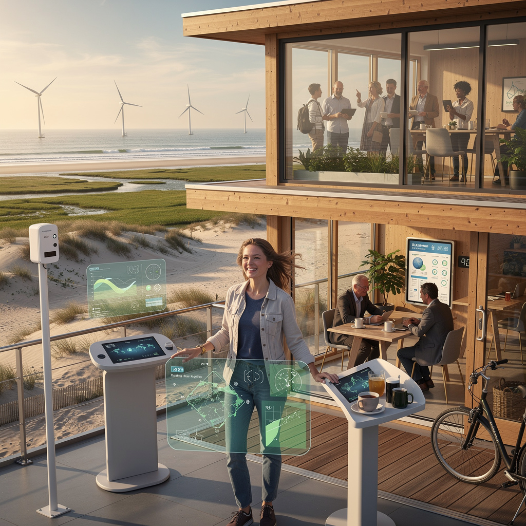 Eine Klimaforscherin arbeitet 2040 hochgeschätzt und mit Freude an einer modernen, nachhaltigen Forschungsstation an der Nordsee – ein Sinnbild für Gerechtigkeit, faire Arbeit und Balance in der Zukunft der Arbeit.
