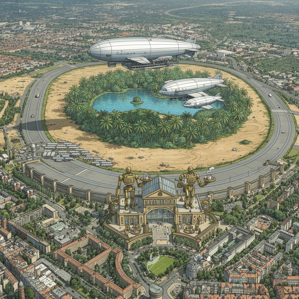 Eine futuristische Vision des Tempelhofer Feldes als Wüstenlandschaft mit zentraler Oase, Zeppelinflughafen im Moebius-Comicstil und dem historischen Flughafengebäude im victorianischen Roboter-Kaffee-Design.